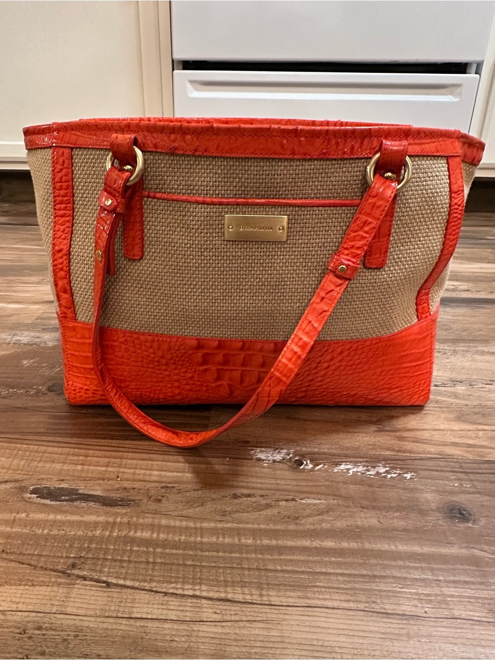 Brahmin Orange and Natural Straw Tote
